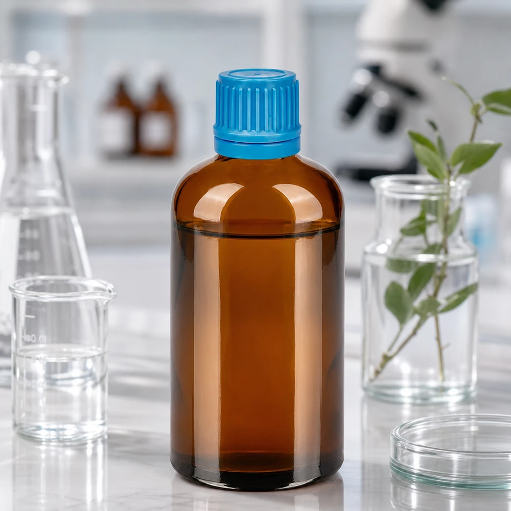 Flacon 100ml 11mm SV bleu OV BrownLine UT18/100 Bouteille d'échantillon professionnelle de 100 ml en verre teinté avec bouchon bleu de sécurité pour les enfants