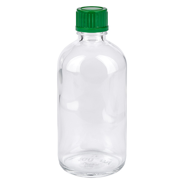 Flacon 100ml 11mm SV vert STD ClearLine UT18/100 Flacon en verre transparent de 100 ml avec bouchon à vis vert, 11 mm, ClearLine UT18/100