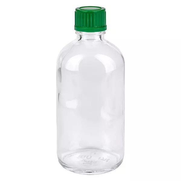 Flacon 100ml 11mm SV vert STD ClearLine UT18/100 Flacon en verre transparent de 100 ml avec bouchon à vis vert, 11 mm, ClearLine UT18/100