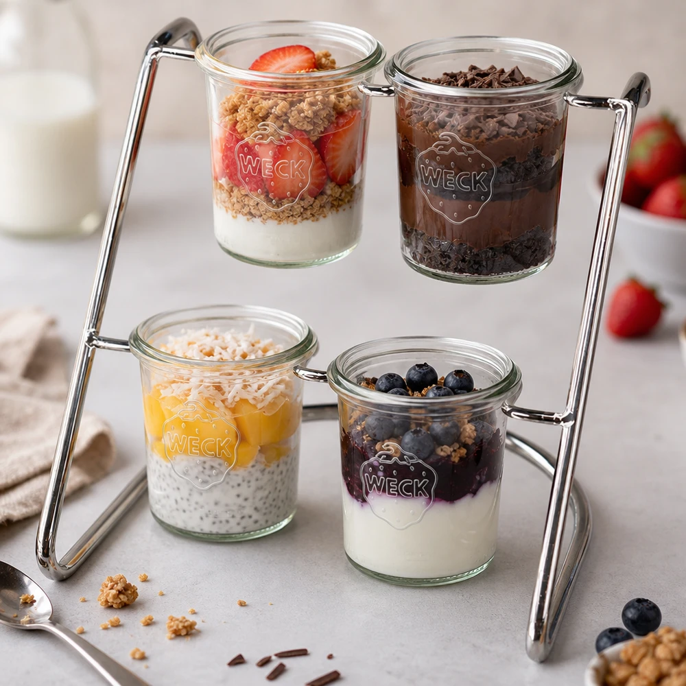 Support de service Flato4 avec des desserts colorés dans des verres WECK - yaourt, baies et granola présentés de manière appétissante