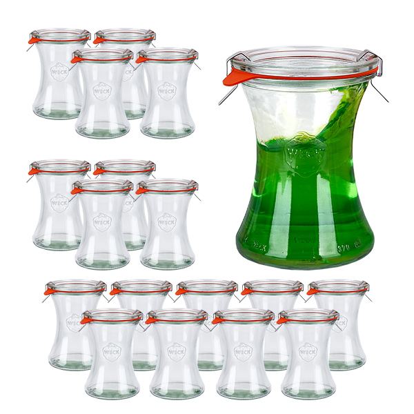 Lot de 18 bocaux Weck de 370 ml avec 18 couvercles en verre Lot de 18 bocaux Weck de 370 ml avec 18 couvercles en verre