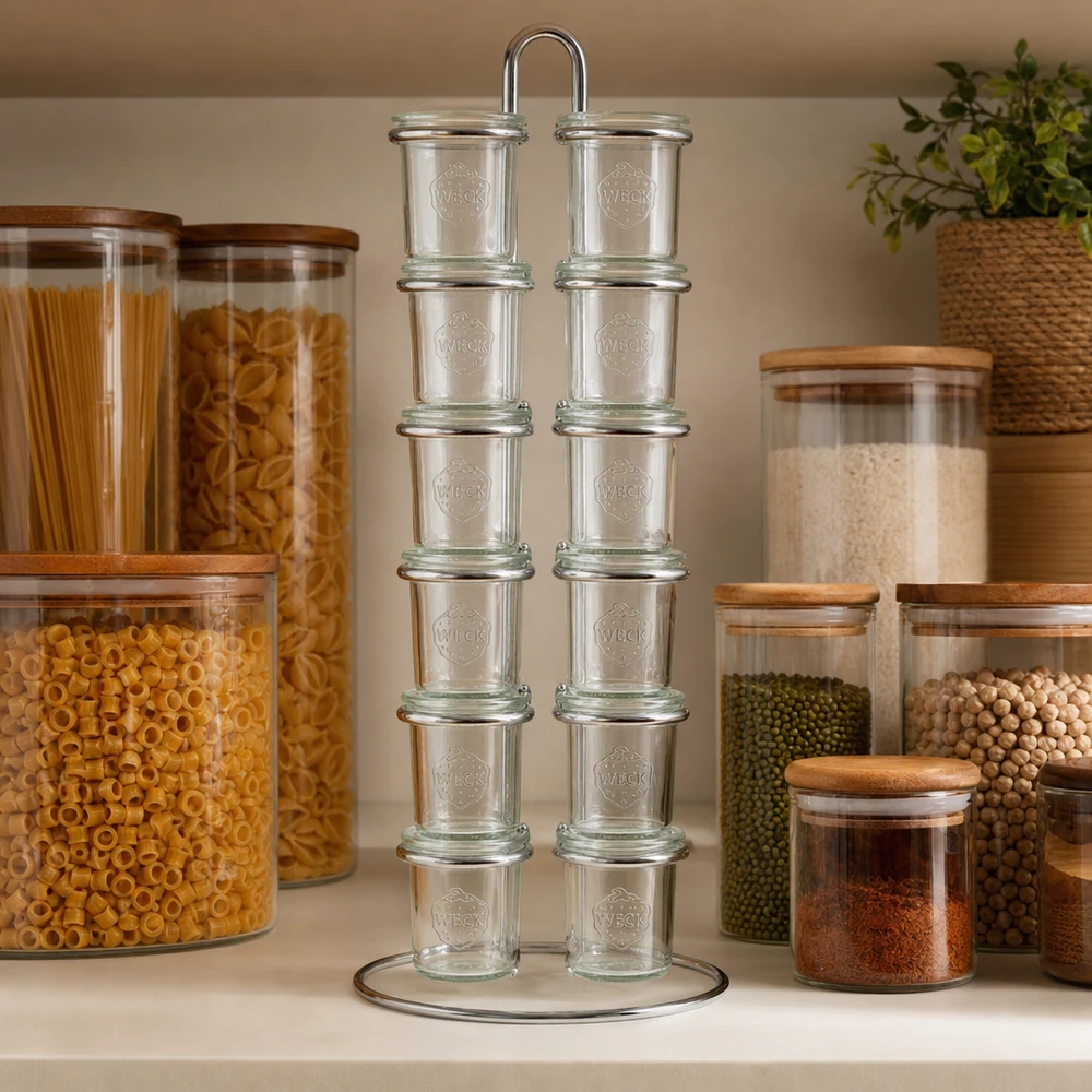 Support de service Vertico12 pour 12 bocal de verre WECK Organisation de l'office avec le support WECK Vertico12 entre les bocaux de stockage de pâtes, riz, légumes secs et épices