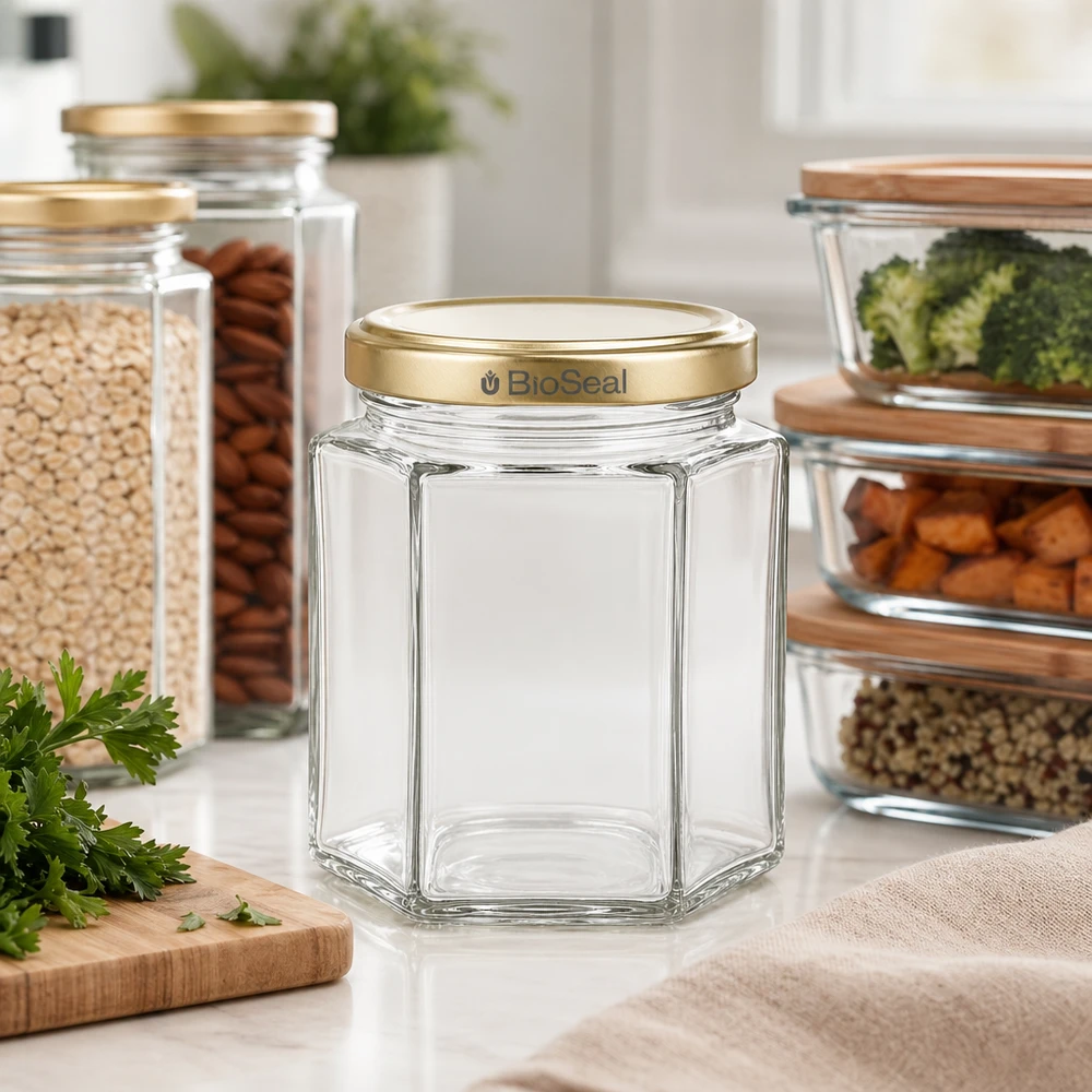 250g pot de miel hexagonal vide BioSeal couvercle doré cuisine moderne avec bocaux à provisions noix légumes herbes aromatiques