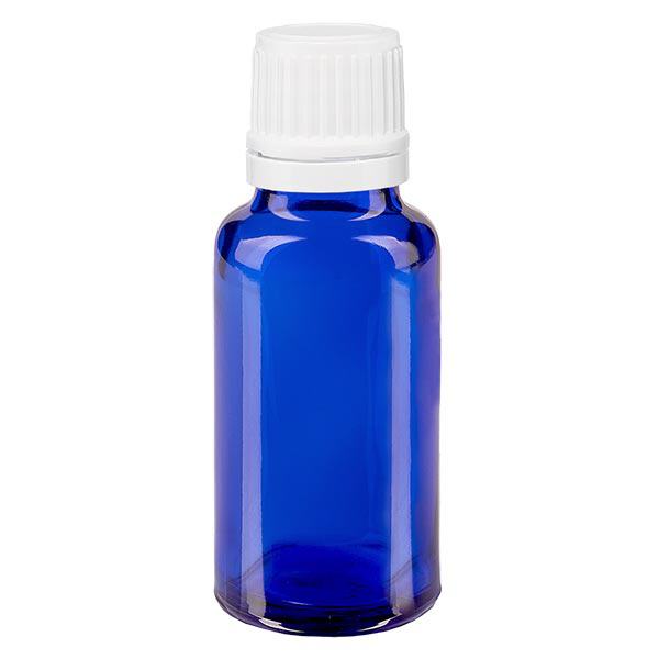 Flacon à pharmacie bleu 20ml bouchon compte-gouttes 1.2mm blanc fermeture inviolable