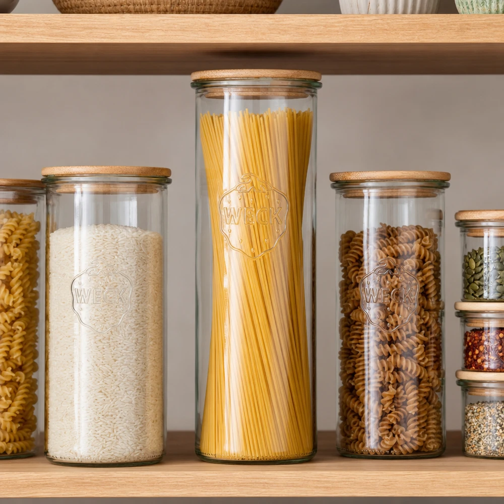 WECK Bocal à provisions 1500ml RR100 avec couvercle en bois pour spaghettis riz pâtes organisation parfaite de la cuisine Pantry