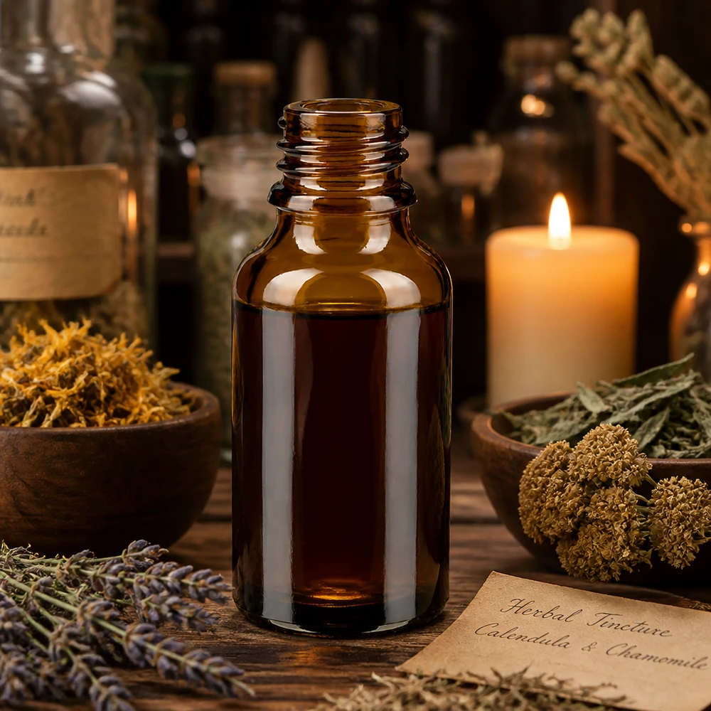 Flacon compte-gouttes 30 ml DIN 18 verre brun forme basse Bouteille de pharmacie brune de 30 ml ApoGlas avec teinture d'herbes entre calendula camomille et bougie allumée