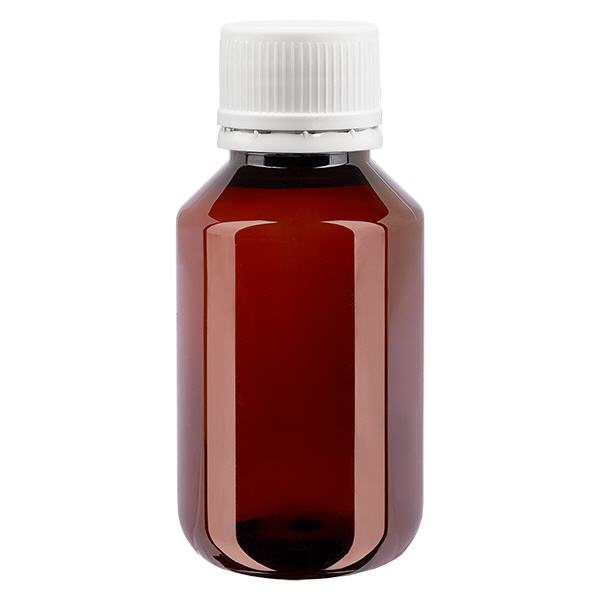 Bouteille PET 100ml avec OV blanc finement strié Bouteille PET 100ml avec OV blanc finement strié