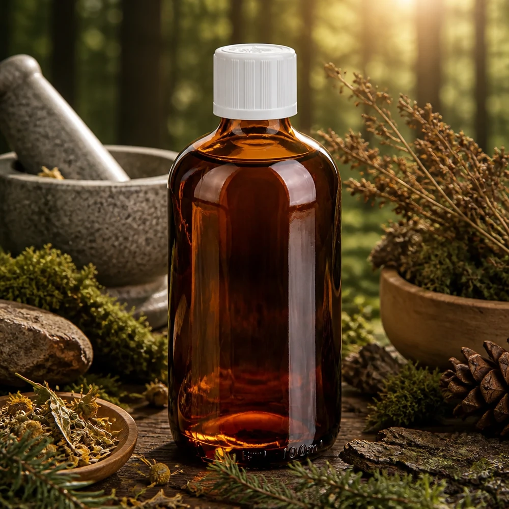 Flacon en verre brun de 100 ml muni d'un bouchon de sécurité pour enfants, entouré de plantes médicinales et d'un mortier