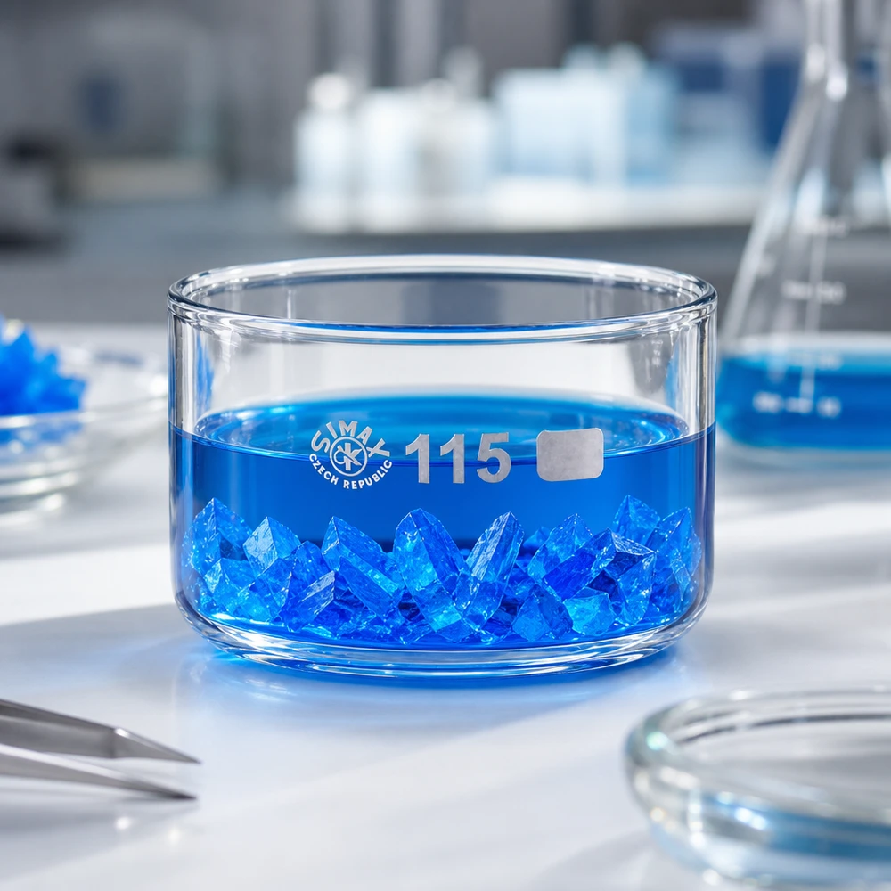 Coupelle de cristallisation 500 ml sans bec verseur Coupelle de cristallisation SIMAX de 115 mm de diamètre contenant une solution bleue et des cristaux, posée sur un plan de travail blanc