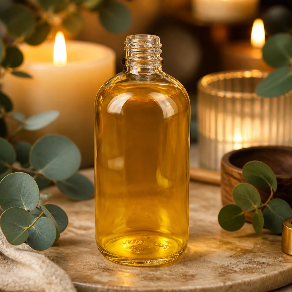 Flacon de pharmacie de 100 ml UNiTWIST ClearLine DIN18 contenant de l'huile dorée aux arômes de bougie et d'eucalyptus