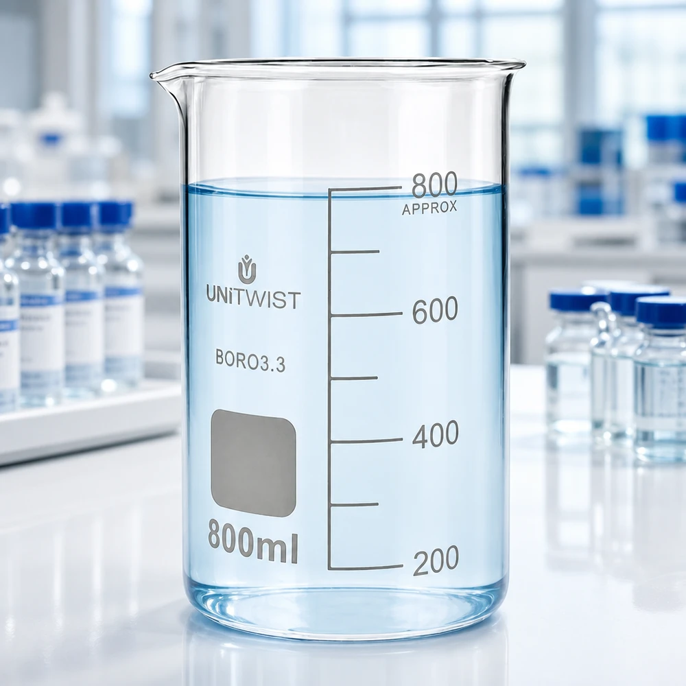 Bécher 800ml borosilicate, forme haute UNITWIST Bécher gradué de 800 ml, forme haute, en borosilicate UNITWIST, avec graduation de 200
