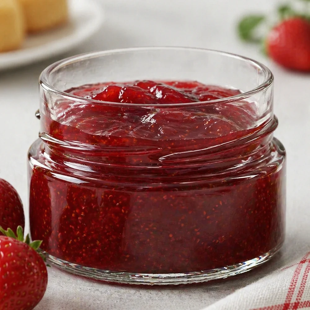 80ml Verre rond sans couvercle (TO58deep) UNiTWIST UNiTWIST Runda80 pot rond 80ml rempli de confiture de fraise rouge, TO58deep couvercle, pot à confiture en verre