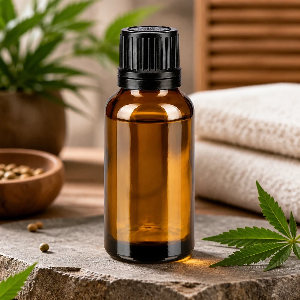 Petit flacon ApoGlas de 20 ml, de couleur brun ambré, muni d'un bouchon OV à l'épreuve des enfants, destiné à l'huile de CBD