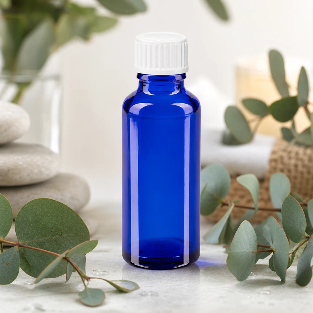 Flacon de médicament bleu cobalt de 30 ml avec bouchon standard, dans un cadre naturel dédié au bien-être
