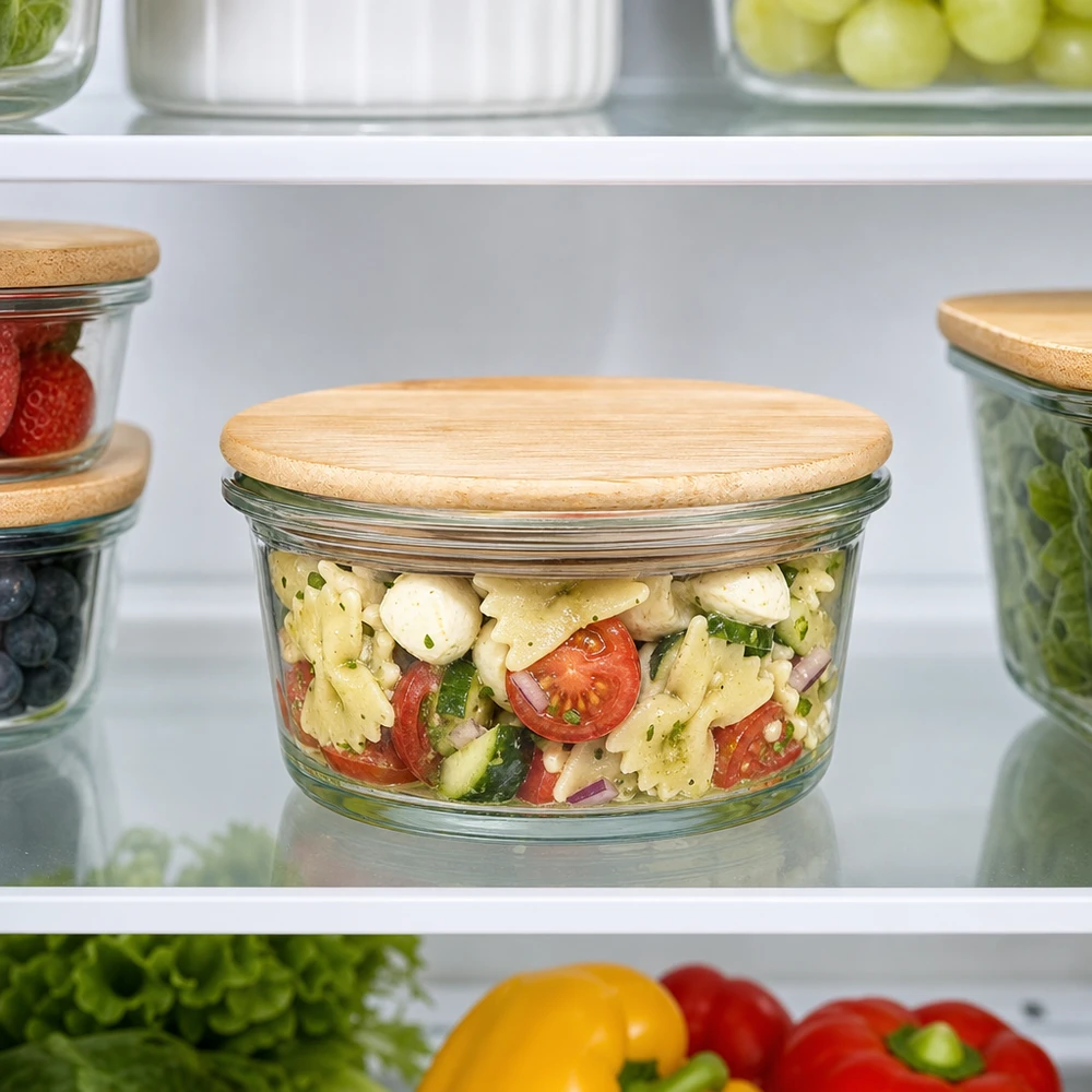 WECK Pot gourmet 165ml avec couvercle en bois dans le réfrigérateur rempli de salade de pâtes fraîches parmi d'autres bocaux de stockage