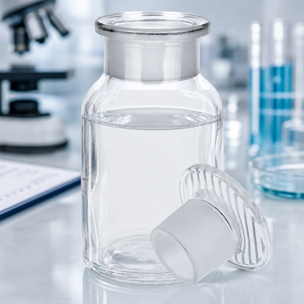 Flacon pharmaceutique 100 ml col large + bouchon verre clair Flacon de laboratoire à épaulement arrondi de 100 ml avec bouchon conique en verre, destiné à la conservation d'échantillons