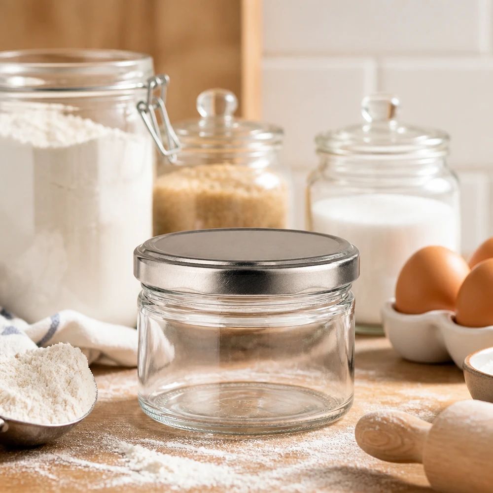540ml bocal rond vide avec couvercle argenté mat dans la cuisine, ingrédients de cuisson farine oeufs, bocal de conservation polyvalent
