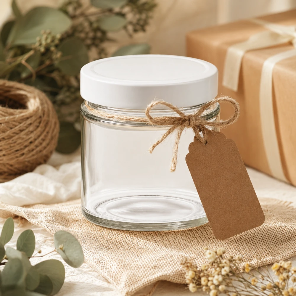 135ml Verre rond avec couvercle BasicSeal blanc UNiTWIST Bocal rond de 135 ml avec couvercle blanc BasicSeal arrangé de manière décorative avec des pendentifs en papier kraft Emballage cadeau DIY