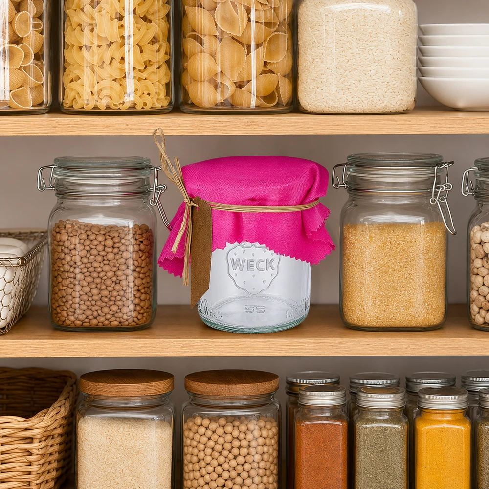Couvre-bijoux en tissu rose 12cm carré sur un bocal Weck dans un garde-manger organisé avec des pâtes et des épices