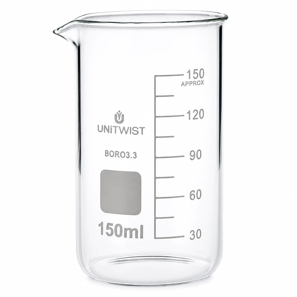 Bécher 150ml borosilicate, forme haute UNITWIST Bécher de laboratoire UNITWIST 150 ml en verre borosilicaté 3.3 résistant à la chaleur, avec zone d'étiquetage