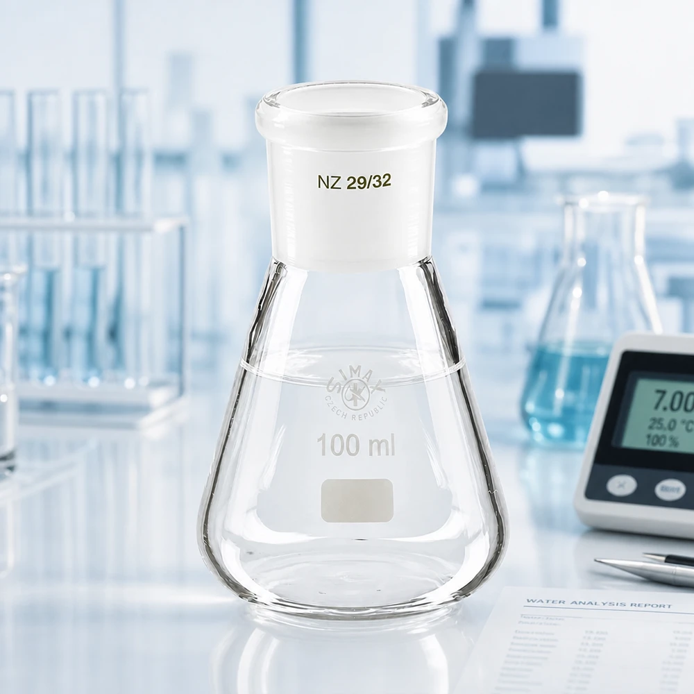 Erlenmeyer 100 ml col large, verre borosilicate avec rodage normalisé 29/32 Erlenmeyer 100 ml col large, verre borosilicate avec rodage normalisé 29/32