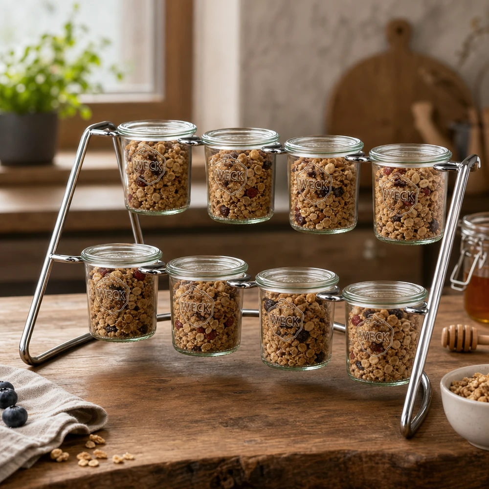Présentoir Flato8 pour 8 bocaux WECK WECK Serviergestell Flato8 mit Müsli und Nüssen gefüllt zeigt praktische Küchenorganisation auf Holztisch