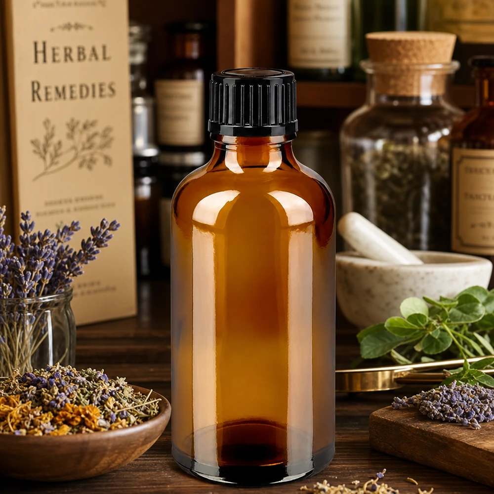 Petite bouteille en verre ambré de 50 ml avec bouchon à vis noir de 11 mm pour la médecine naturelle