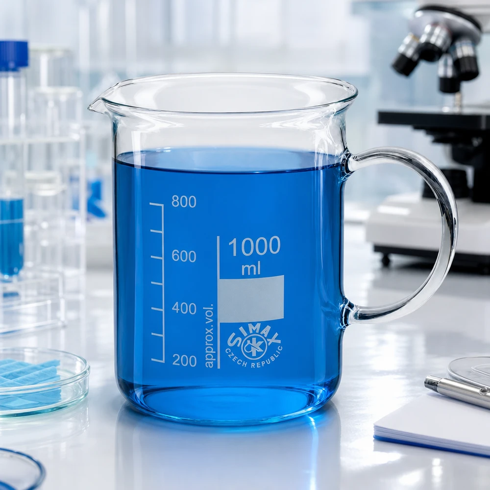 Bécher avec poignée 1000ml en verre borosilicate résistant à la chaleur (forme normale) Bécher à anse de 1 000 ml en verre borosilicaté, muni d'un bec verseur et d'une échelle graduée jusqu'à 800 ml