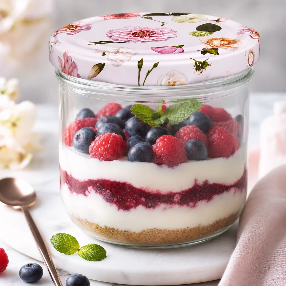 Pot renversé 260ml avec couvercle à fleur rempli de dessert aux fruits rouges - Exemple d'utilisation pour pot de conservation