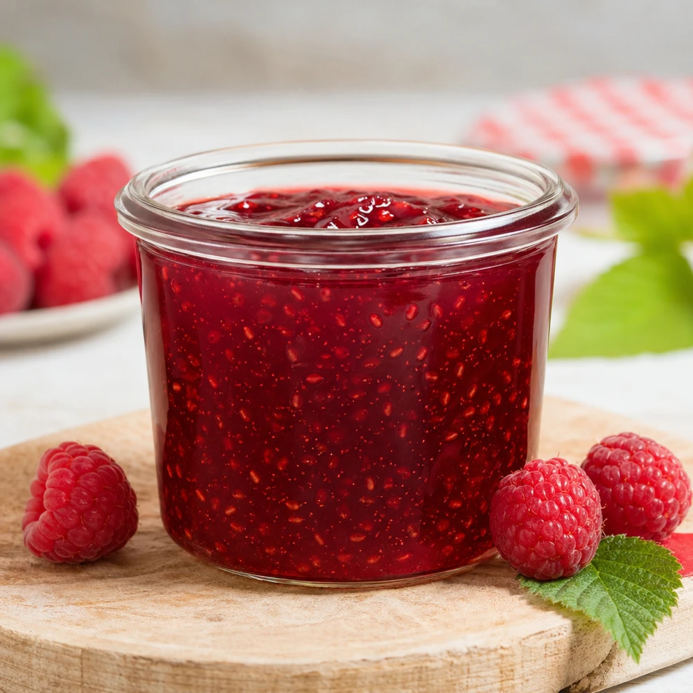 Bocal WECK RR40 de 35 ml WECK Pot renversé RR40 35ml rempli de confiture rouge entourée de framboises fraîches sur planche en bois