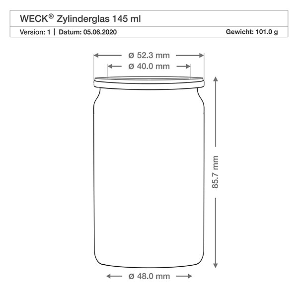 145ml bocal cylindrique WECK RR40 WECK Verre cylindrique 145ml RR40 dessin technique avec dimensions diamètre 48mm hauteur 85,7mm poids 101g