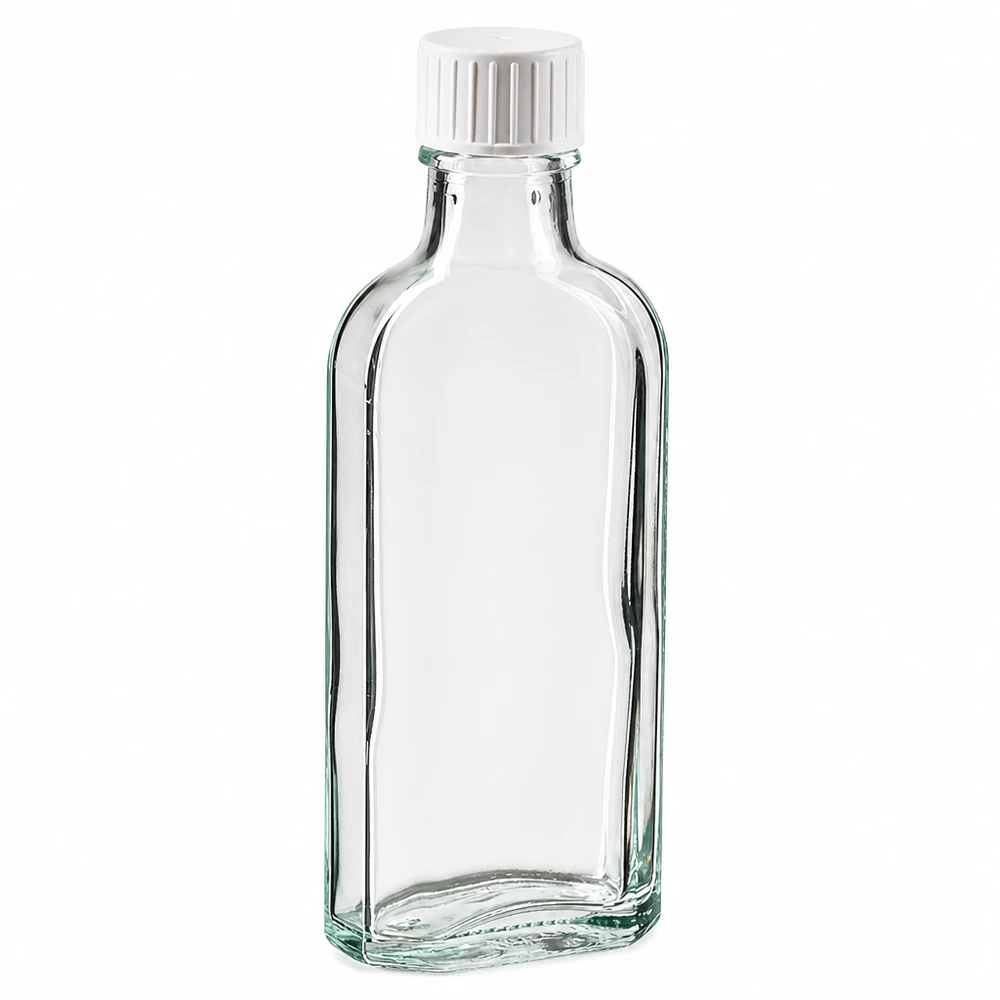 Flacon en verre transparent de 100 ml, de forme plate « Meplat », avec un bouchon en plastique blanc