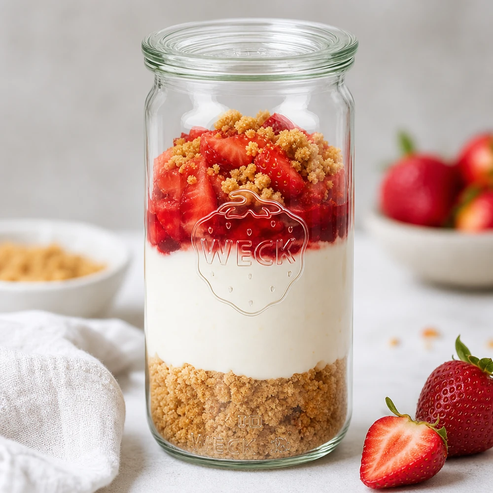 WECK Pot cylindrique de 340ml RR60 avec couche de dessert aux fraises Fond de biscuit Crème et fruits comme inspiration de parfaits
