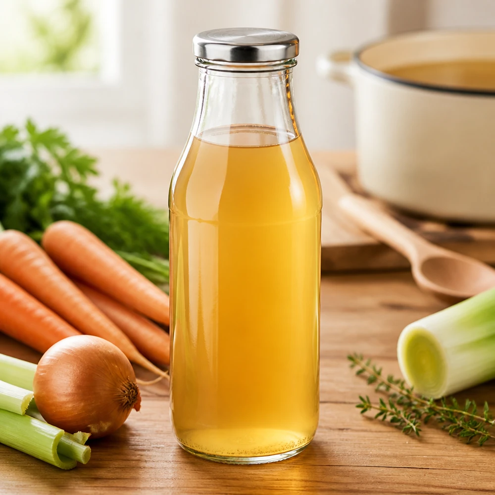 Bouteille en verre de 330 ml + couvercle BasicSeal argenté UiTWIST Bouteille en verre UiTWIST de 330 ml avec un bouchon BasicSeal argenté, à côté de carottes, de céleri et d'oignons frais