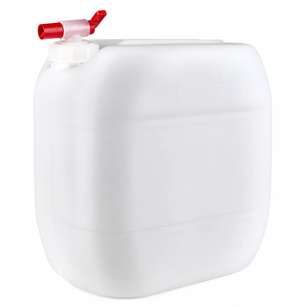 Jerrican de 30 litres avec robinet Bidon d'eau rectangulaire de 30 litres, de couleur blanche, muni d'un robinet de vidange rouge très pratique situé sur le dessus