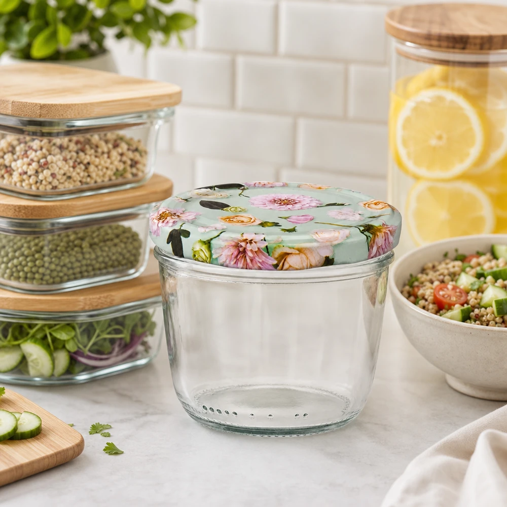 Verres de 230 ml + couvercle BasicSeal fleur menthe UNiTWIST Verre renversé de 230 ml avec couvercle BasicSeal fleur menthe dans une cuisine stylée avec Meal Prep Bowls et bocaux à provisions