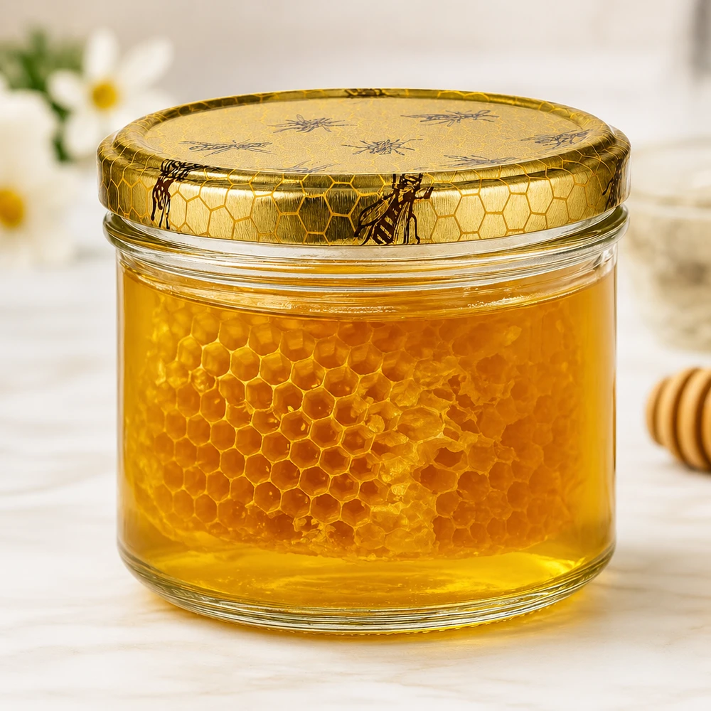 Pot de miel rempli de 250g avec un vrai nid d'abeille et un couvercle décoratif montrant du miel doré dans le pot