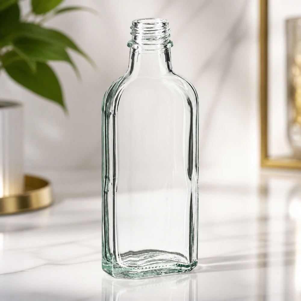Flacon en verre plat transparent de 100 ml, norme DIN 22, aux bords arrondis et à large base