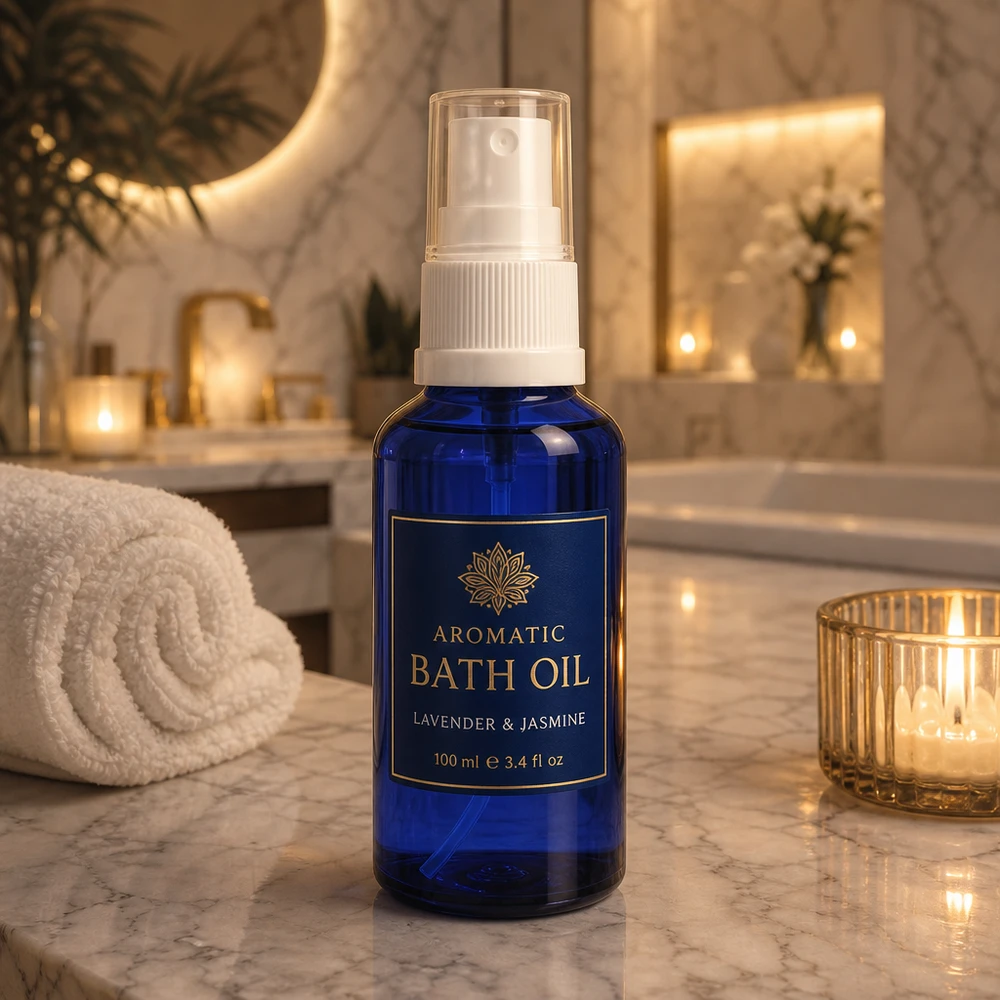 Flacon de pharmacie bleu 10ml embout spray noir Flacon en verre bleu cobalt de 10 ml avec vaporisateur, de qualité pharmaceutique, dans une ambiance spa luxueuse