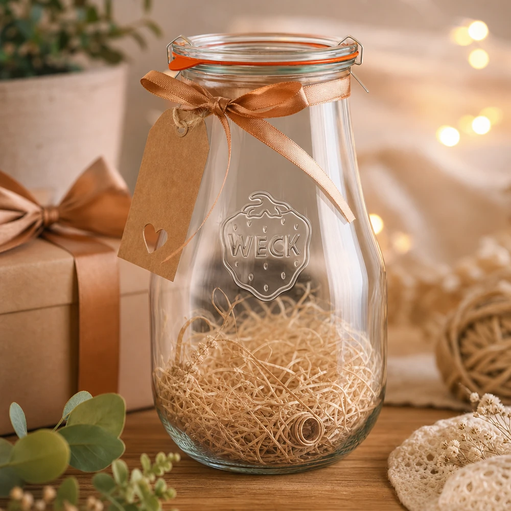 WECK Pot tulipe 2700ml présenté de manière décorative avec un ruban et une étiquette cadeau comme idée de cadeau