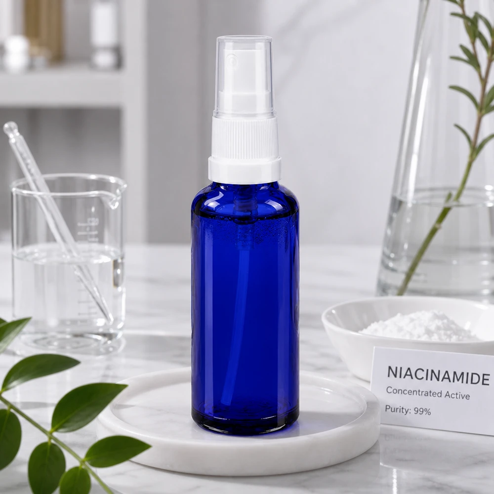 Vaporisateur bleu cobalt en verre anti-UV avec bouchon transparent, posé sur du marbre
