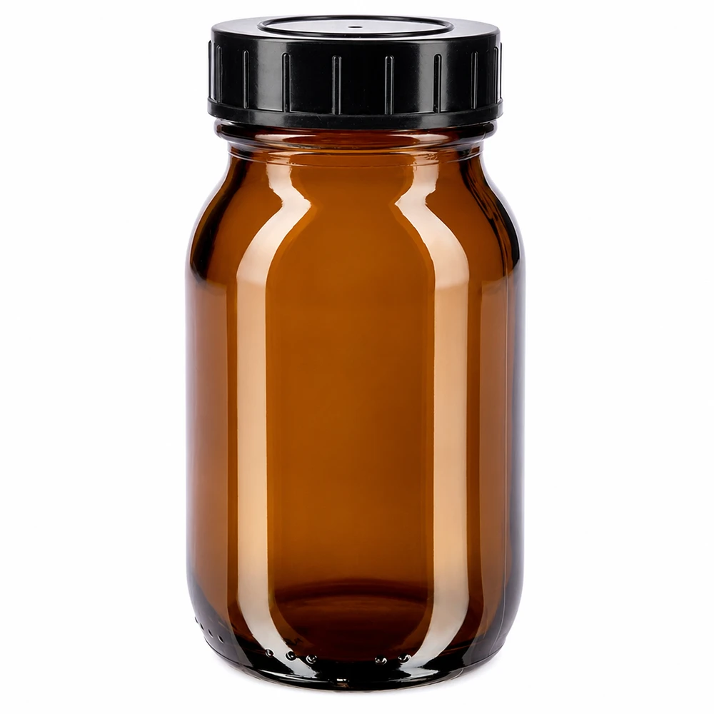 Bouteille à col large de 100 ml en verre brun avec bouchon à vis noir pour une conservation sûre