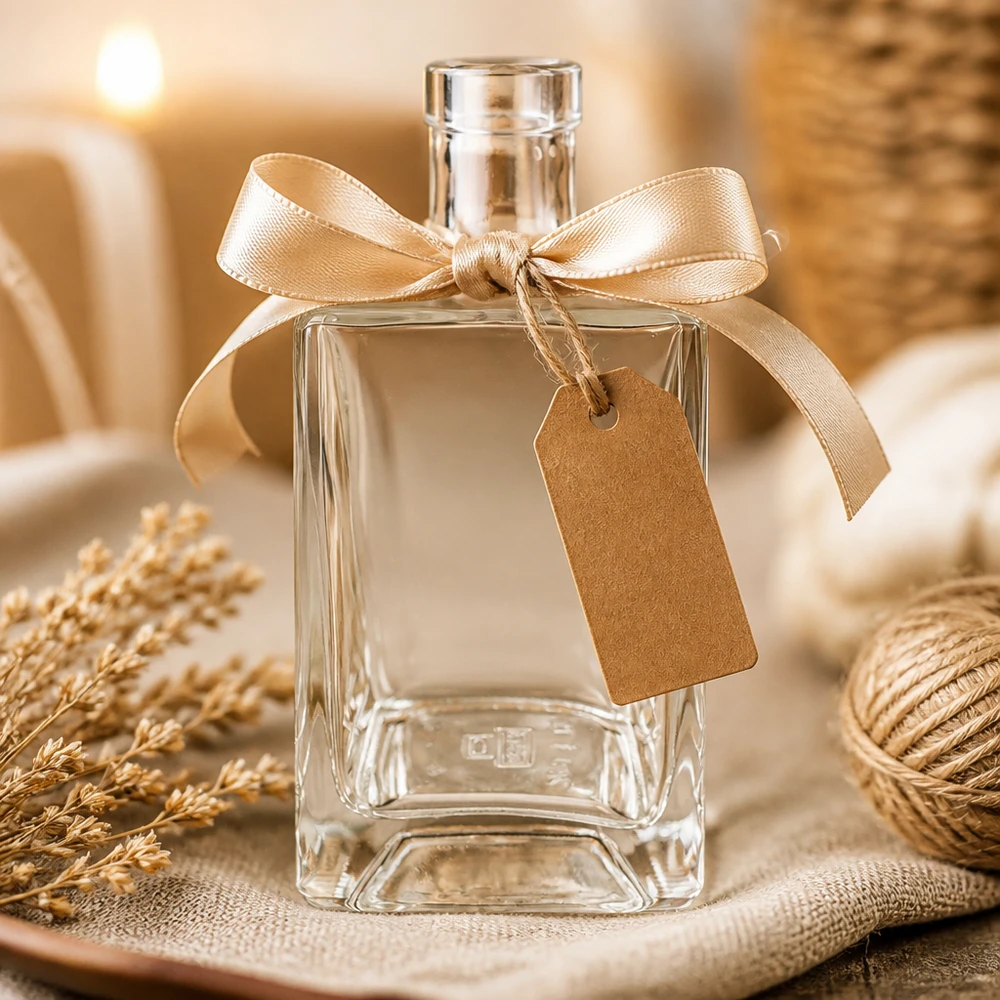 Flacon en verre « Ben » 700 ml sans bouchon UNiTWIST® Bouteille en verre Ben de 700 ml décorée avec un ruban doré et une étiquette cadeau pour une idée de cadeau.