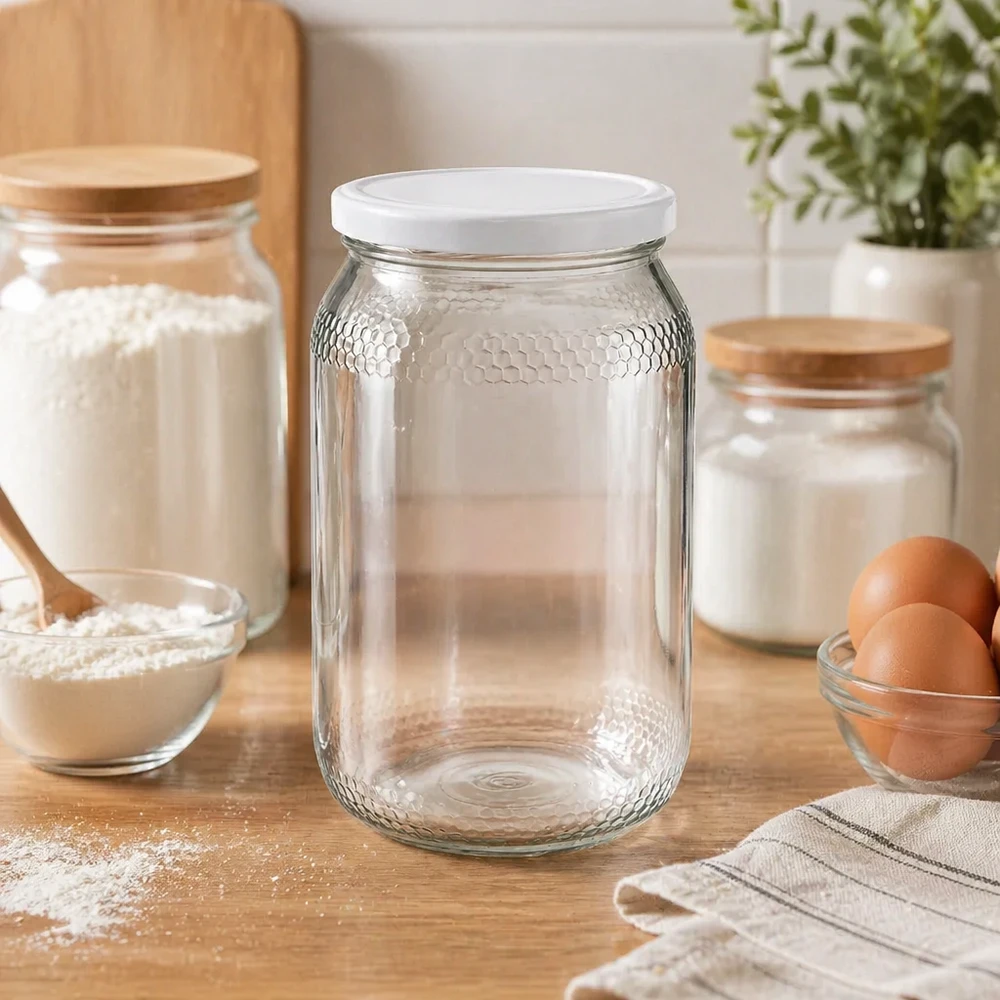 Pot de miel 900ml vide dans ambiance cuisine avec ingrédients de cuisson farine oeufs montre rangement pratique BasicSeal couvercle