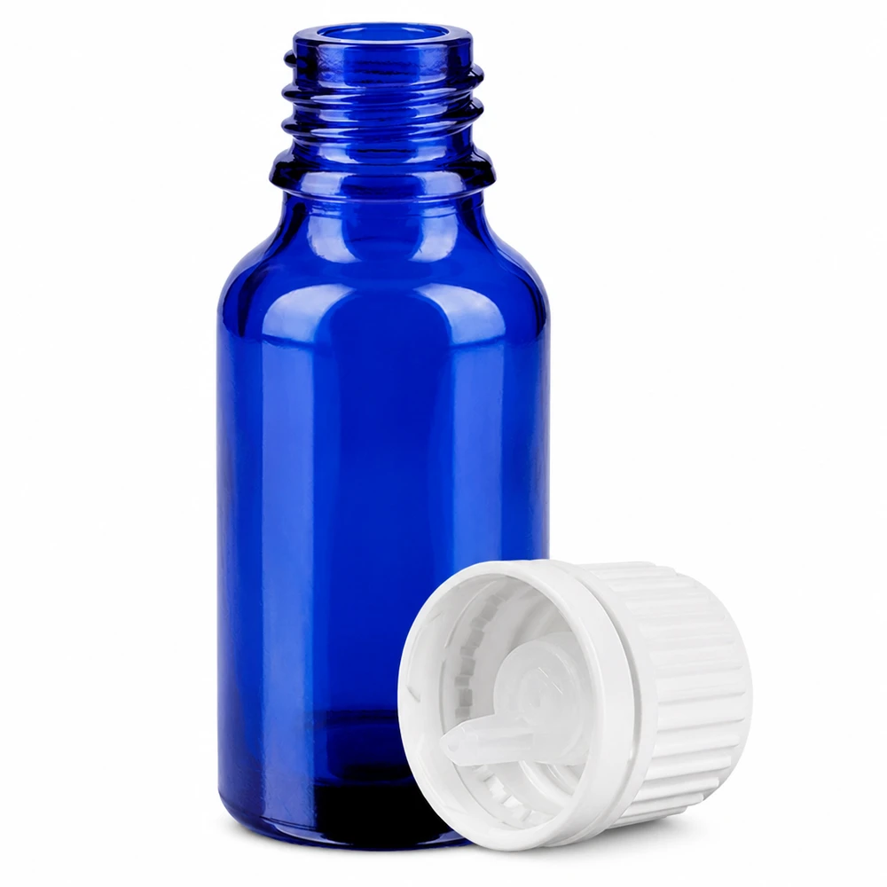 Flacon compte-goutte 20ml 0.7mm blanc OV BlueLine UT18/20 Flacon en verre bleu 20ml avec bouchon compte-gouttes 0.7mm pour applications pharmaceutiques
