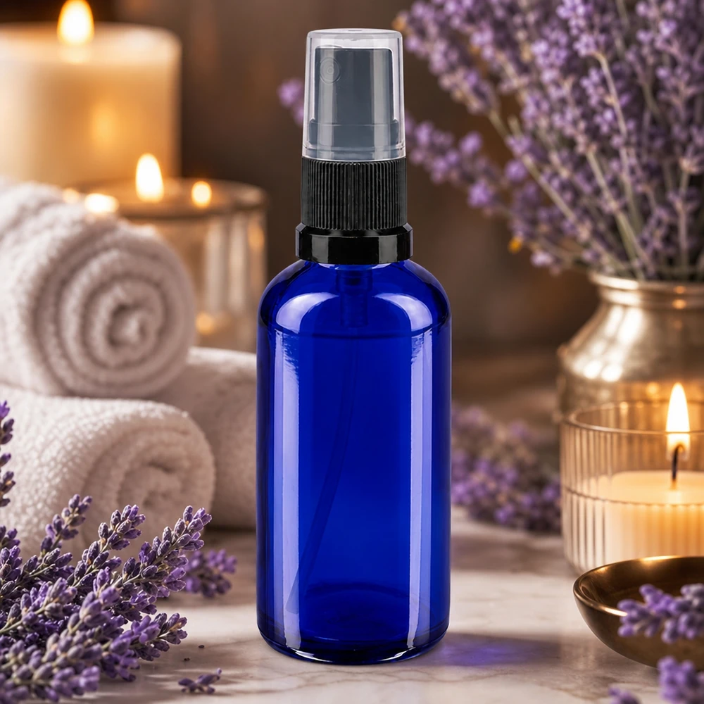 Flacon vaporisateur bleu cobalt de 50 ml en verre d'apothicaire avec bouchon de protection transparent