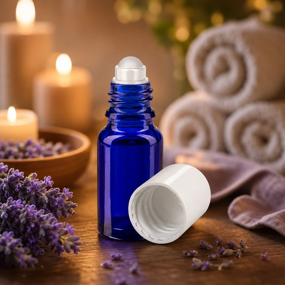 Flacon de pharmacie bleu 10ml Roll-On bouchon blanc Flacon en verre d'apothicaire bleu de 10 ml avec bouchon blanc, dans une ambiance spa relaxante