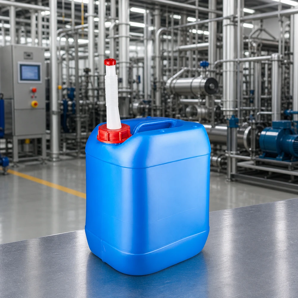 Bidon en PEHD de 20 L, bleu, avec bec verseur flexible et bouchon de sécurité rouge pour produits chimiques