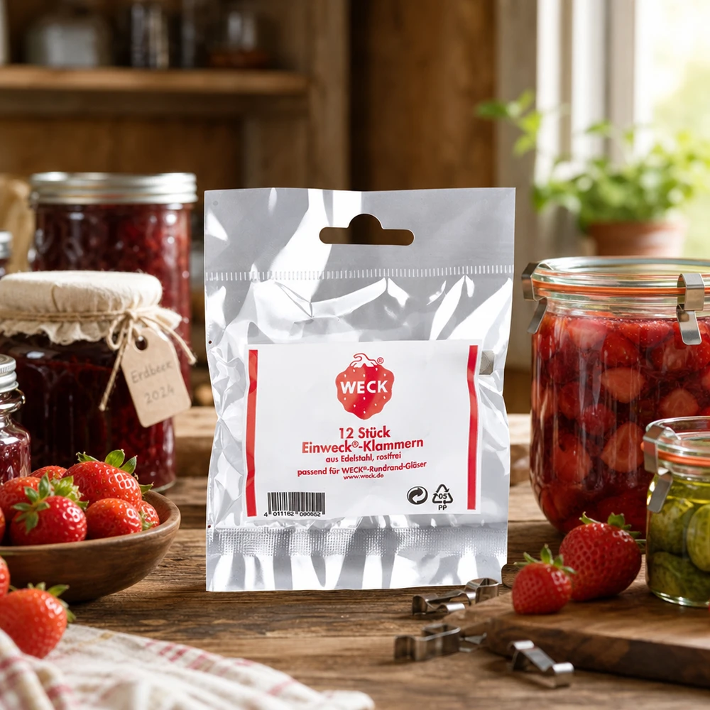 12x attache pour conserve WECK Agrafes WECK Emballage dans une cuisine rustique avec des bocaux de fraises et de confiture Exemple d'application