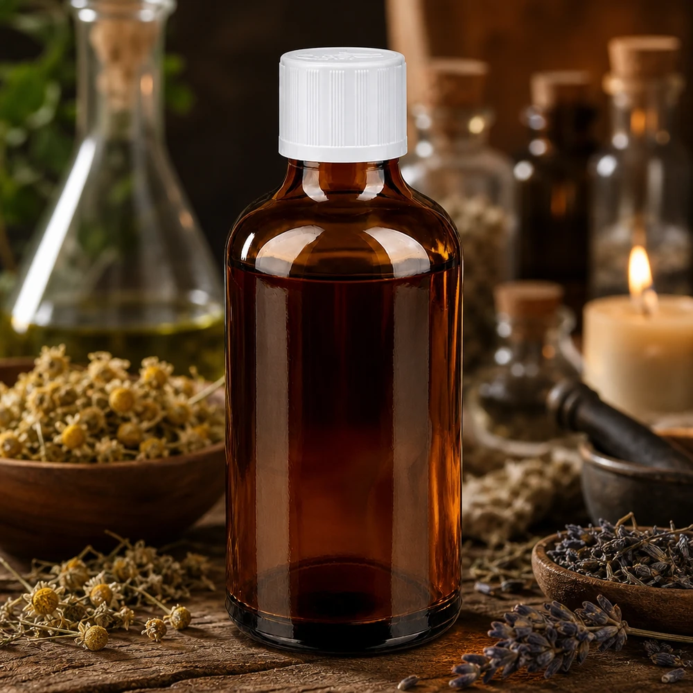 Flacon de pharmacie de 50 ml en verre ambré avec bouchon KiSi blanc, posé sur une table rustique en bois